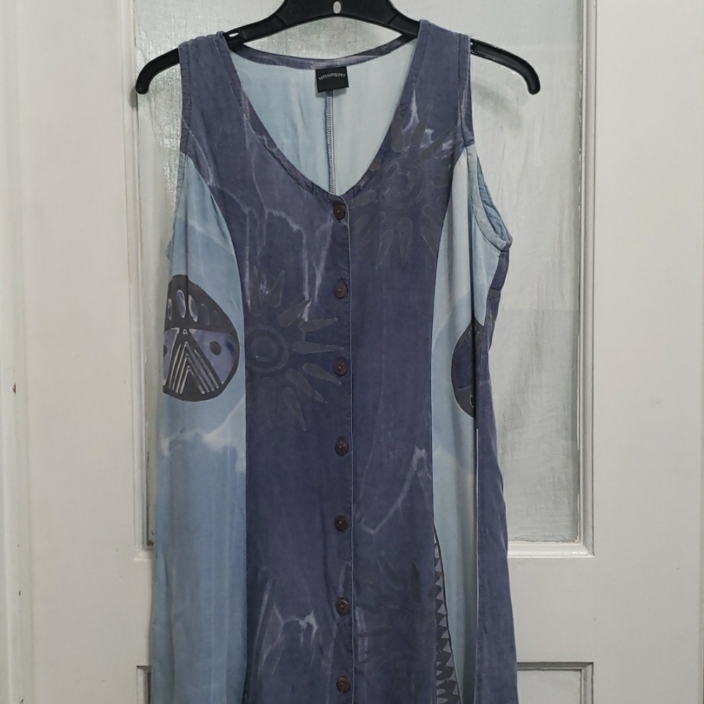 Long Soft Blue Button-Front Batik Dress